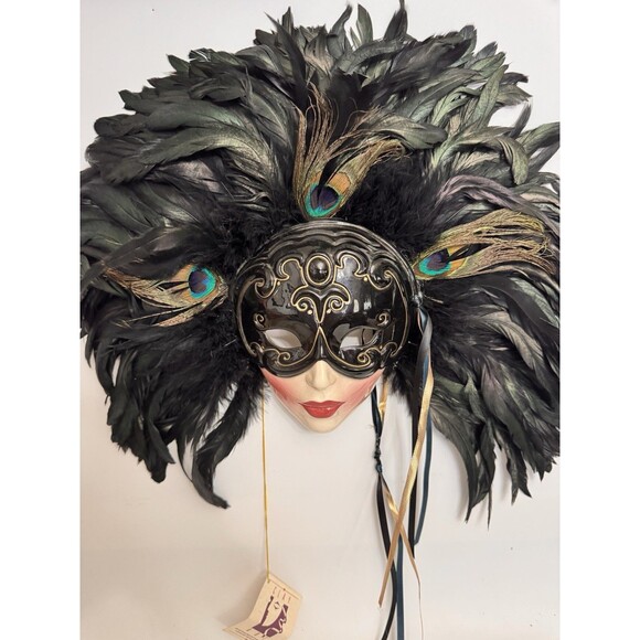 Clay Art Masquerade Wall Mask – 18” x 17” – Black Feathers & Peacock Plumes – Wi